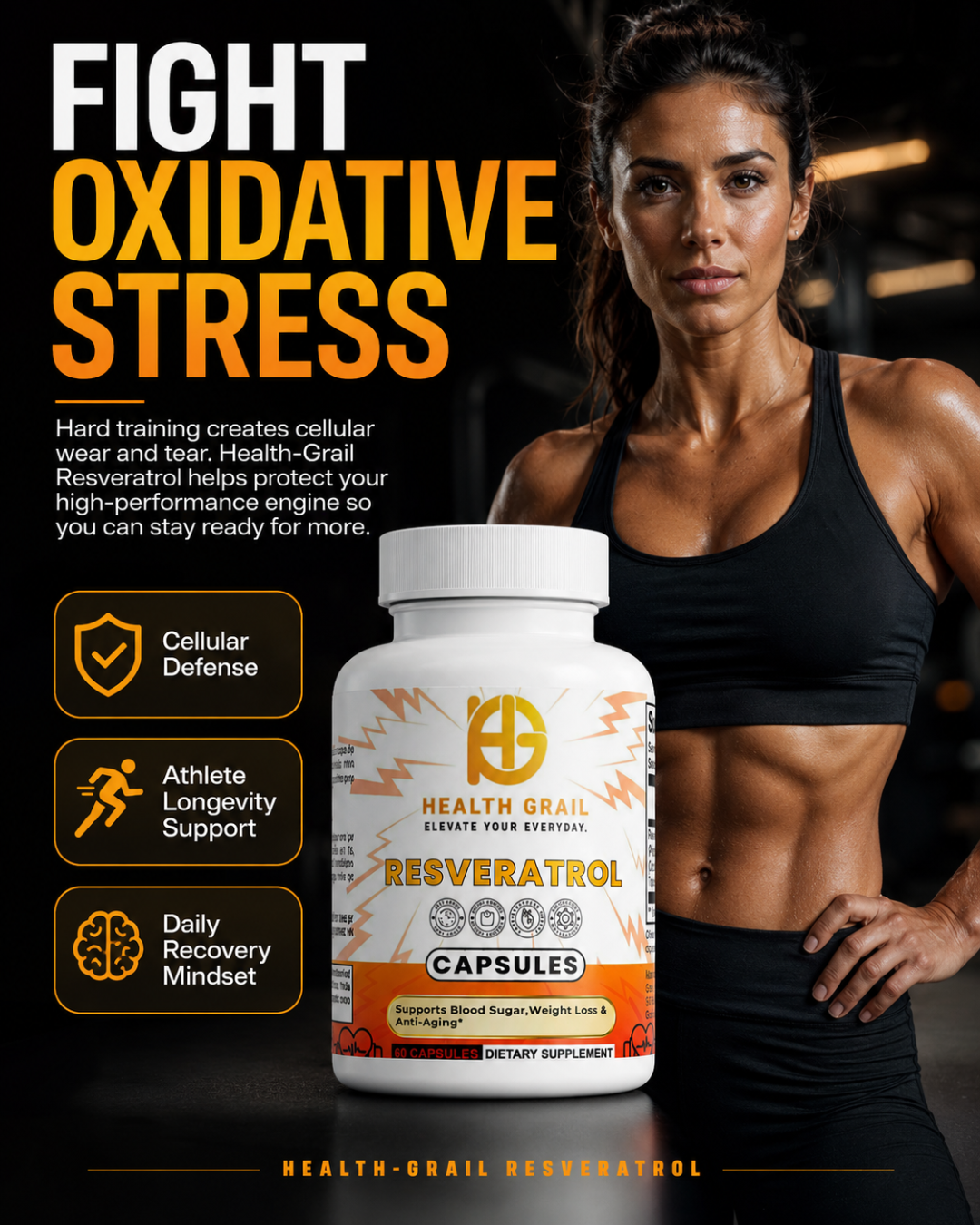 Woman in athletic wear holding a supplement bottle with text about fighting oxidative stress.