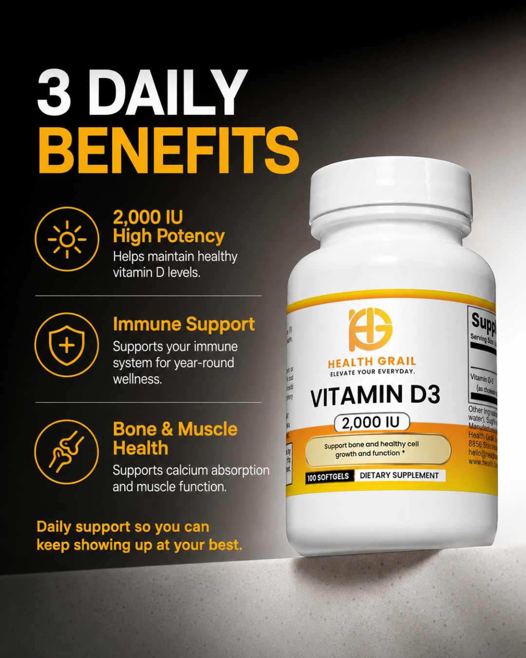 Health Grail Vitamin D3 supplement bottle with benefits listed on a dark background