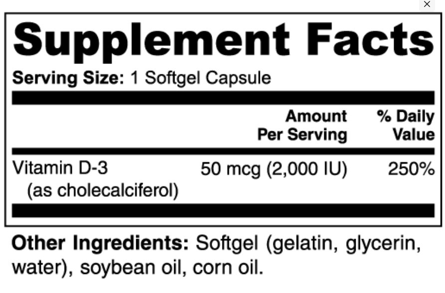 Supplement facts label for Vitamin D-3 capsules with serving size, amount per serving, and other ingredients listed.