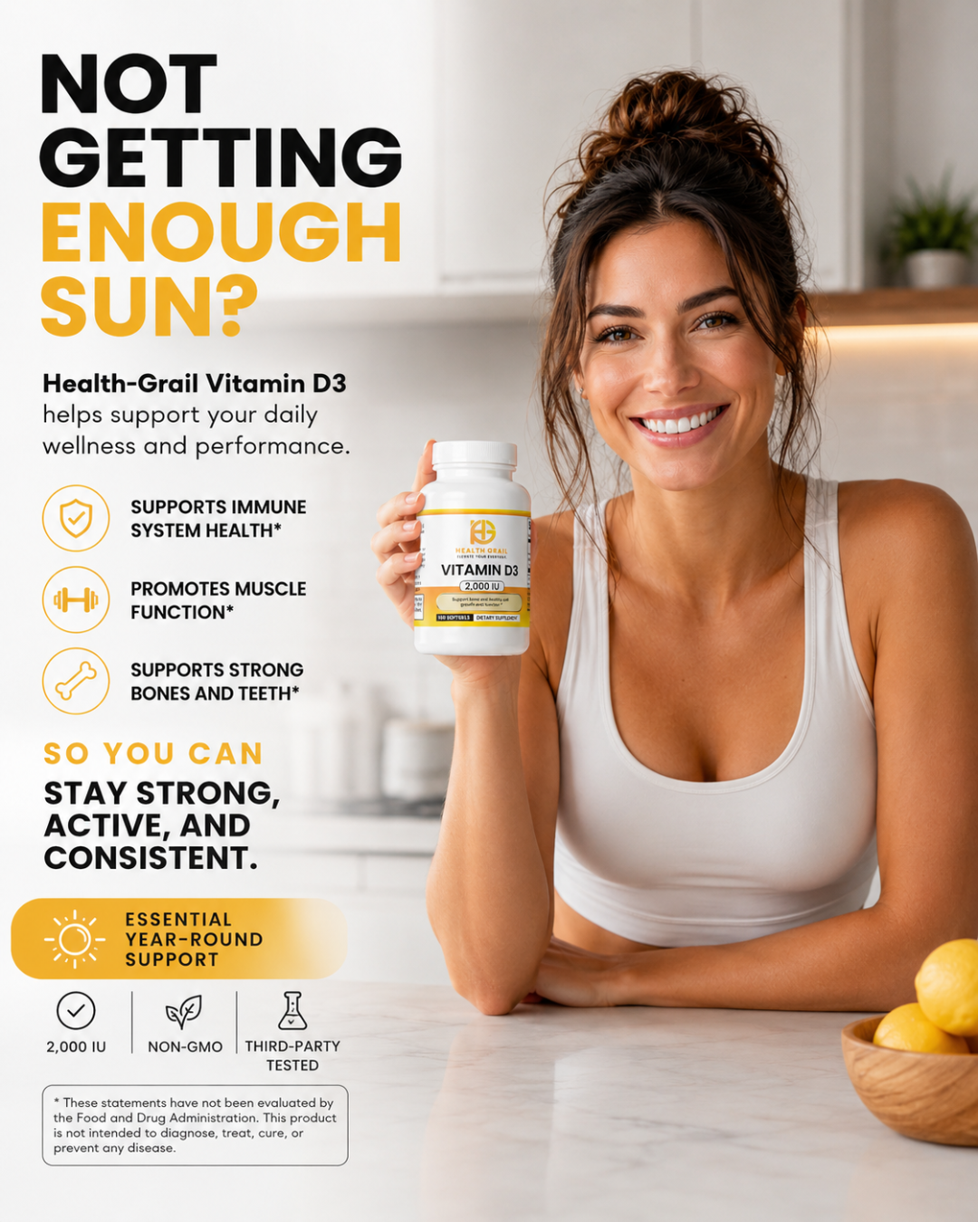 Woman holding a Health-Grail
 Vitamin D3 supplement with promotional text about its benefits.