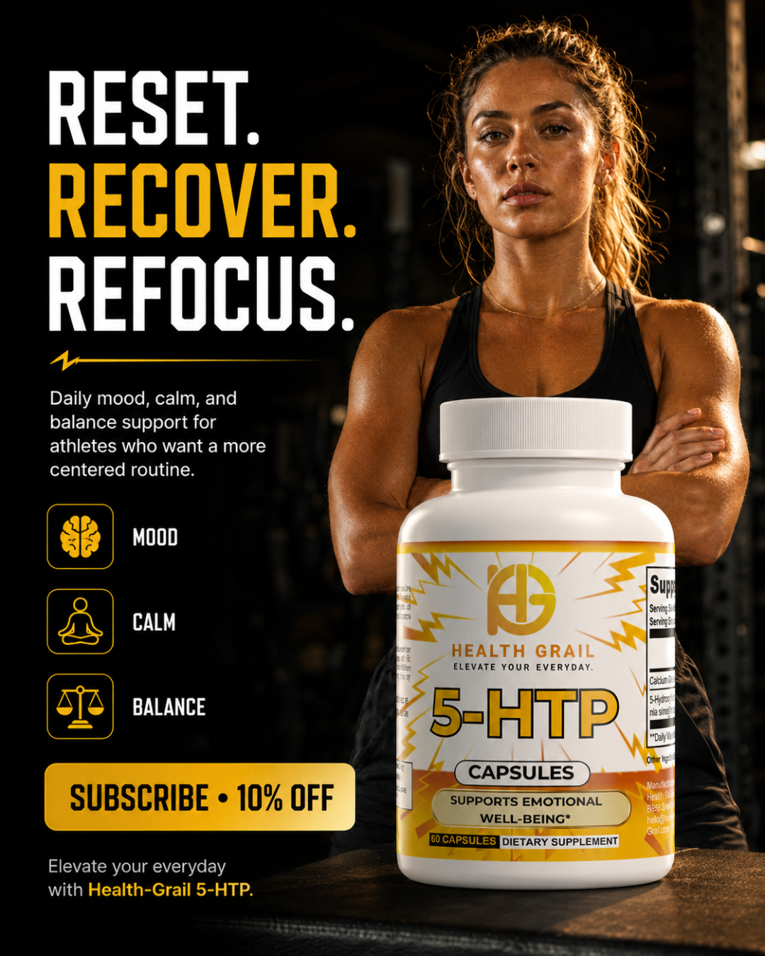 Woman holding a supplement bottle with promotional text on a dark background