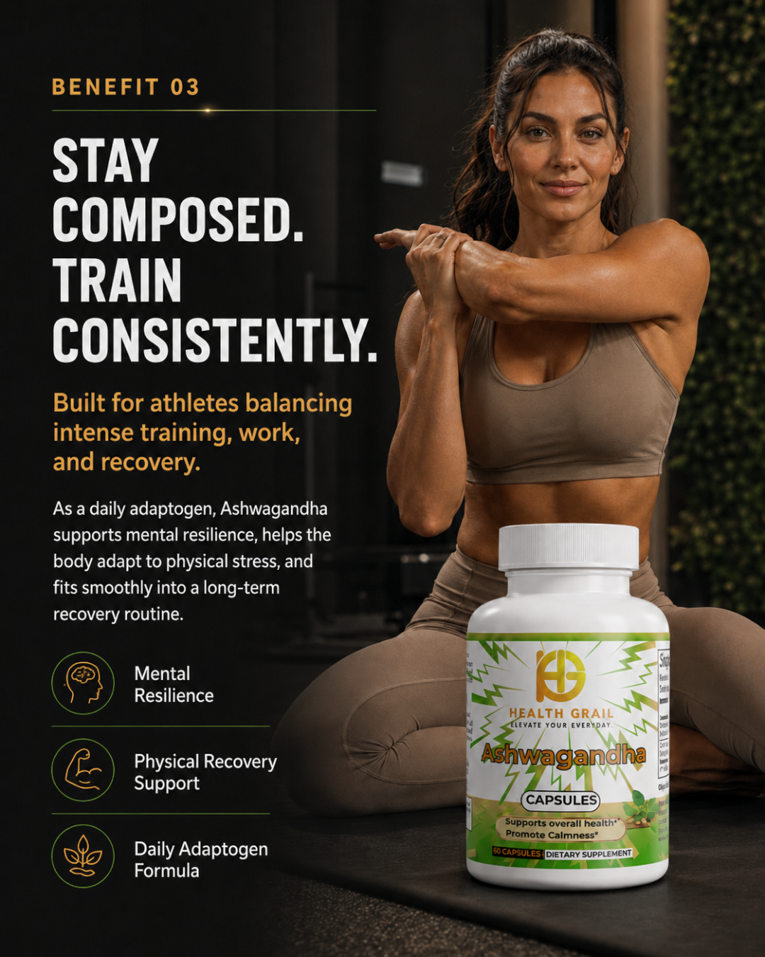 Woman stretching with a bottle of Health-Grail Ashwagandha capsules on a dark background