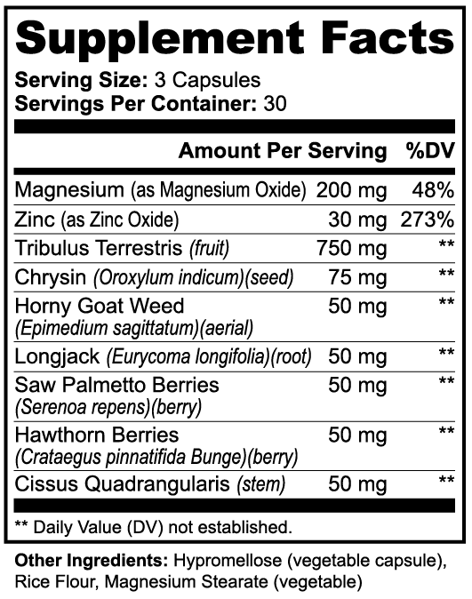 Health-Grail Alpha Energy Supplement Facts with magnesium zinc and seven botanicals