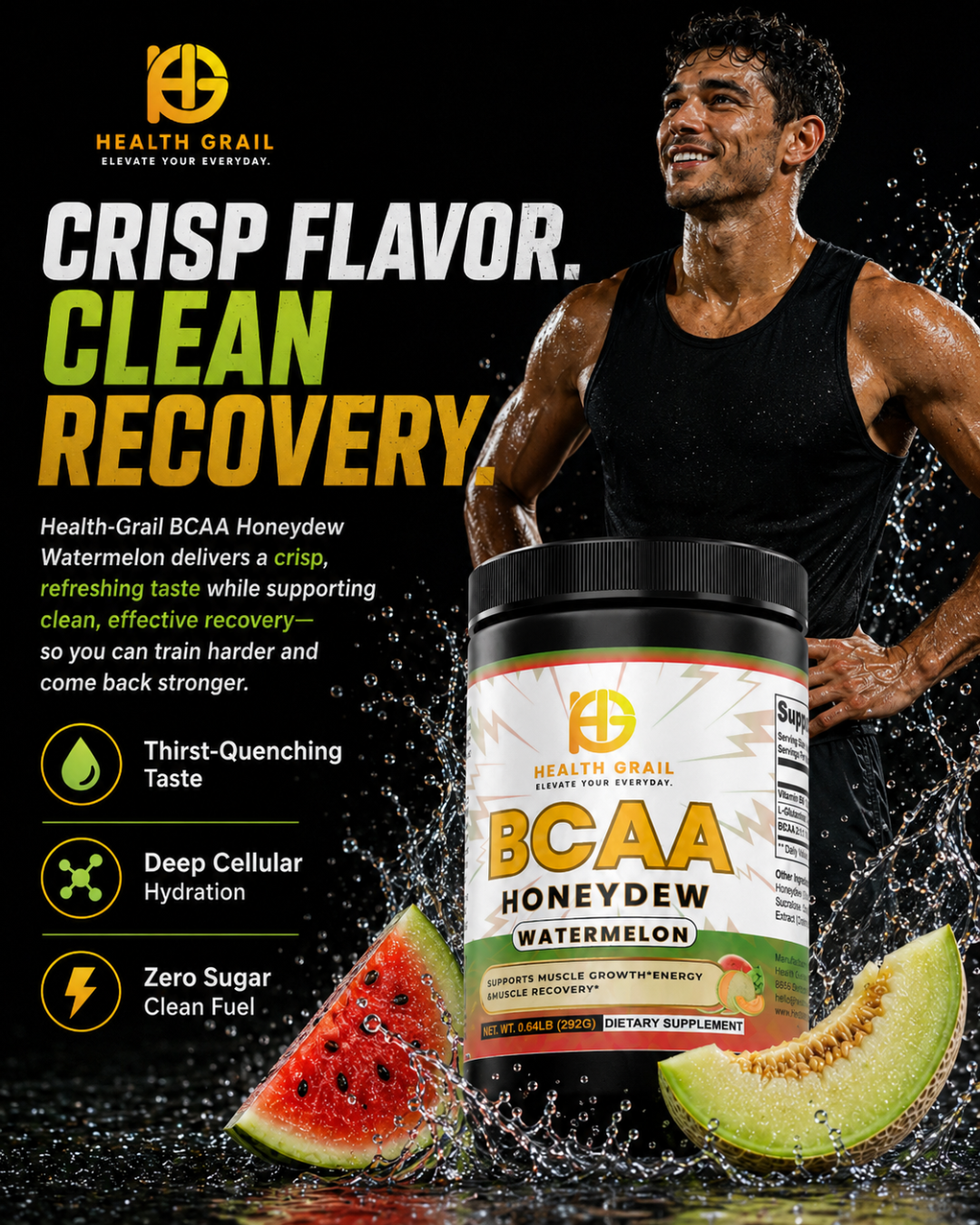 Health-Grail BCAA Honeydew supplement with a man running and watermelon slices on a dark background