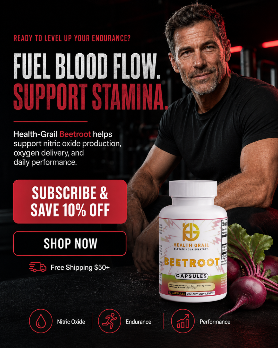 Advertisement for Health-Grail Beetroot capsules with a man and beetroot vegetables on a dark background.