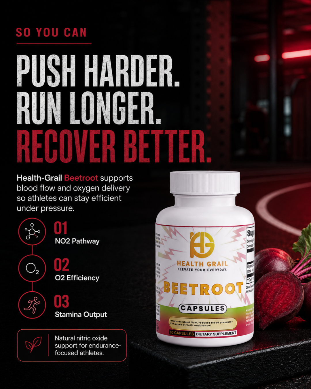 Health-Grail Beetroot supplement bottle with promotional text on a dark background