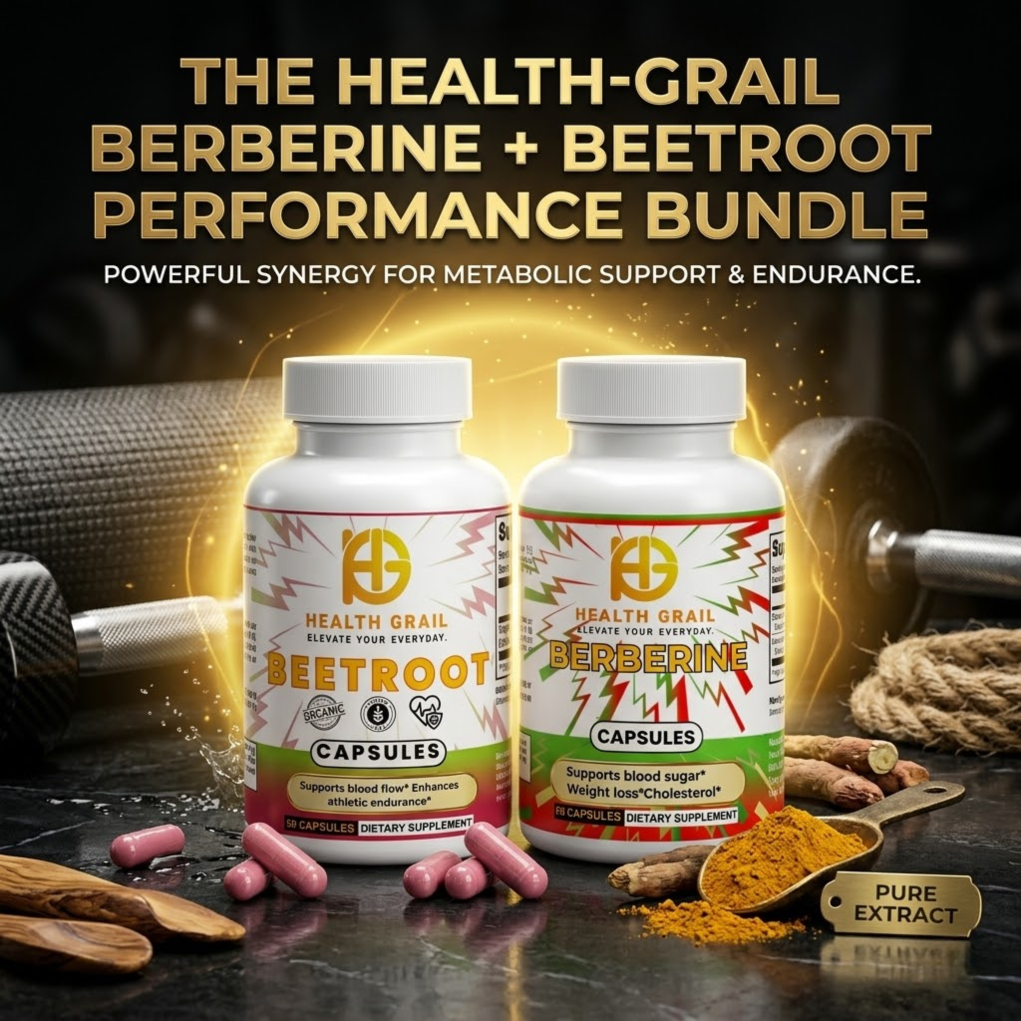Health-Grail Berberine + Beetroot Performance Bundle with supplements and ingredients on a dark background.