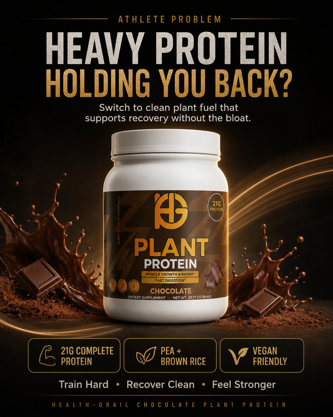 Plant protein powder container with chocolate flavor on a dark background