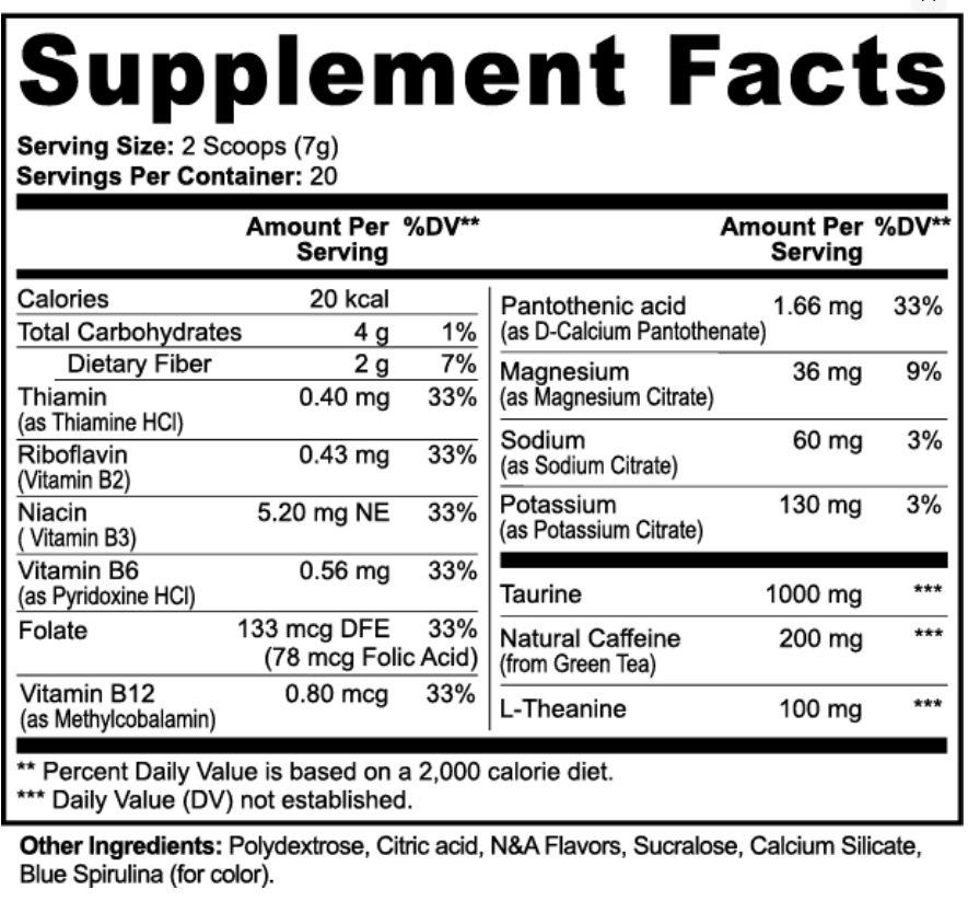 Health-Grail Grail Surge Cotton Candy Supplement Facts with caffeine, taurine, L-Theanine and electrolytes