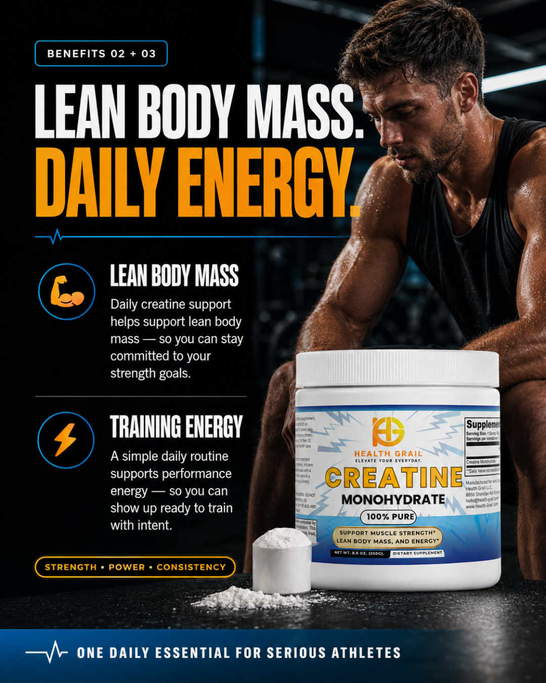 Health-Grail Creatine Lean Body Mass creatine supplement with a muscular man and product packaging.
