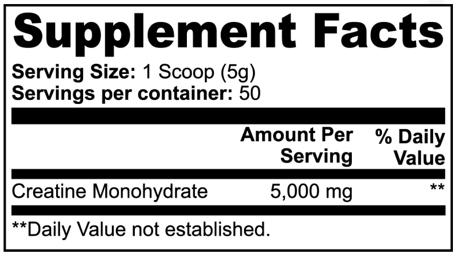 Health-Grail Creatine Monohydrate Supplement Facts showing 5 grams per scoop and 50 servings