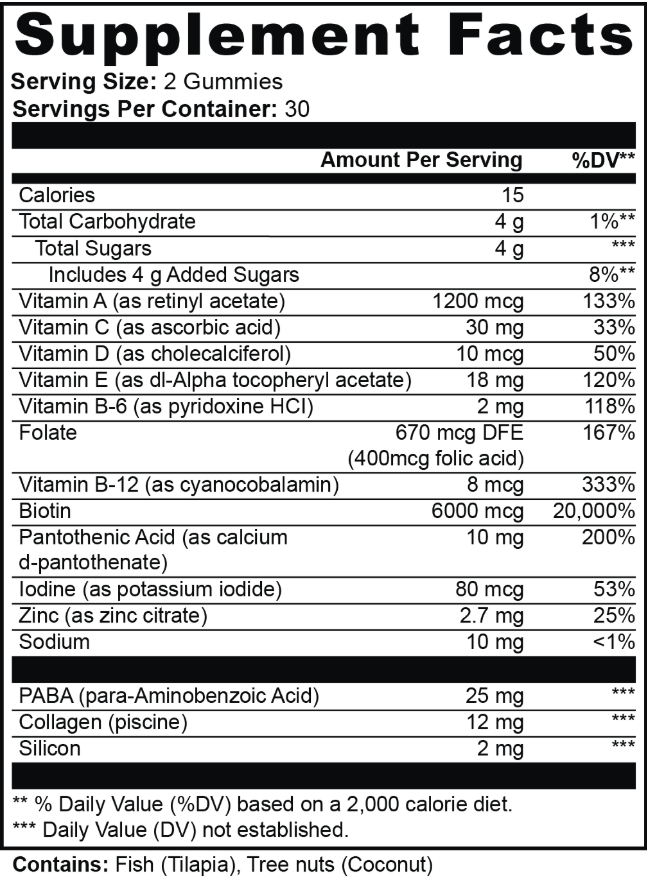 Supplement facts label for gummy vitamins with detailed nutritional information.