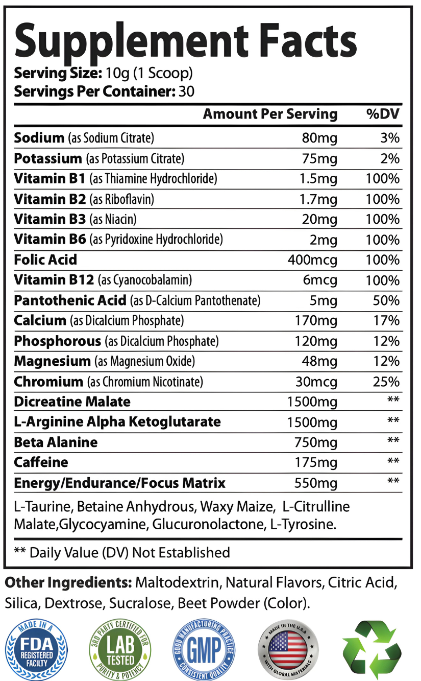 Health-Grail Honeydew Watermelon pre workout Supplement Facts