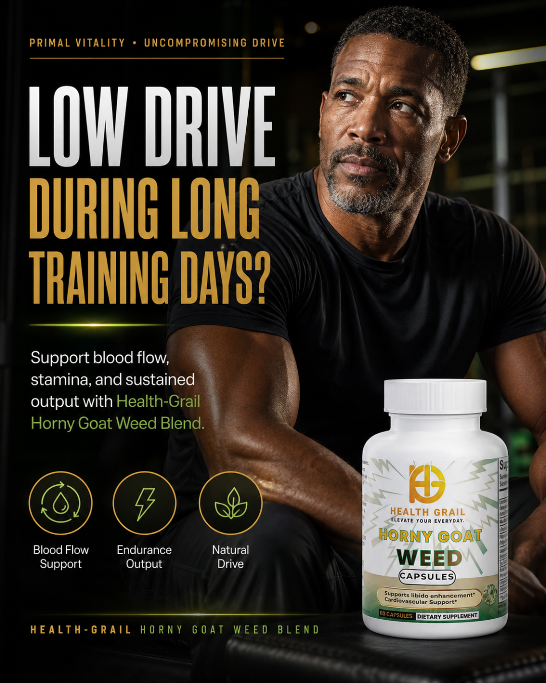 Advertisement for Health-Grail Horny goat weed blend with a man sitting and a supplement bottle.