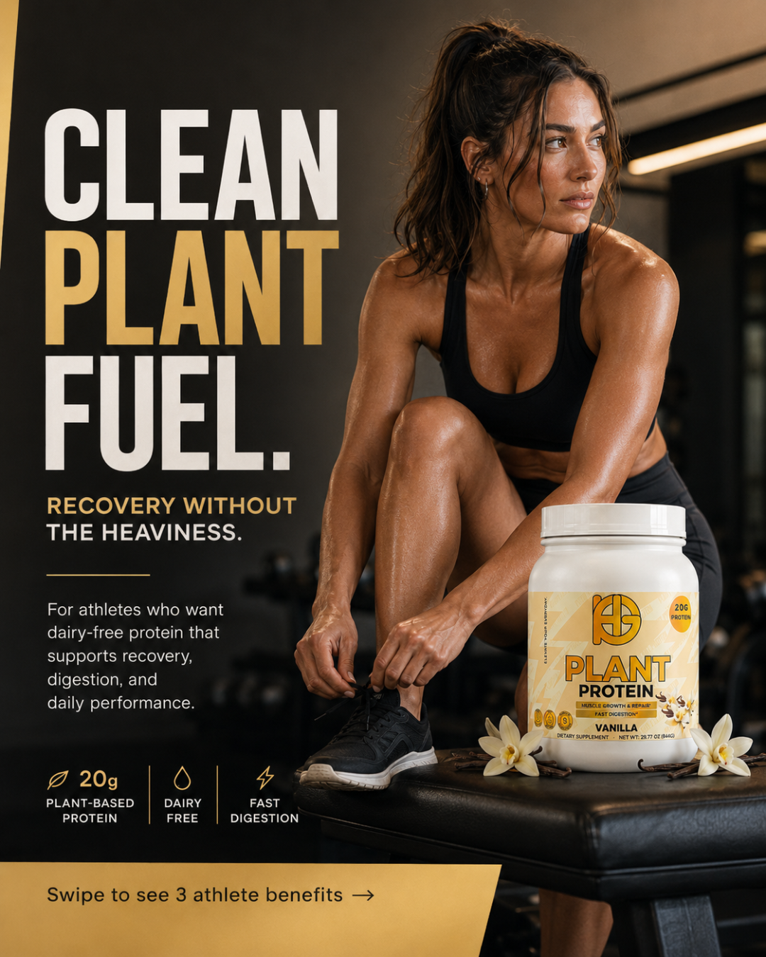 Woman sitting on a bench with a container of plant protein powder, surrounded by promotional text about 'Clean Plant Fuel'.