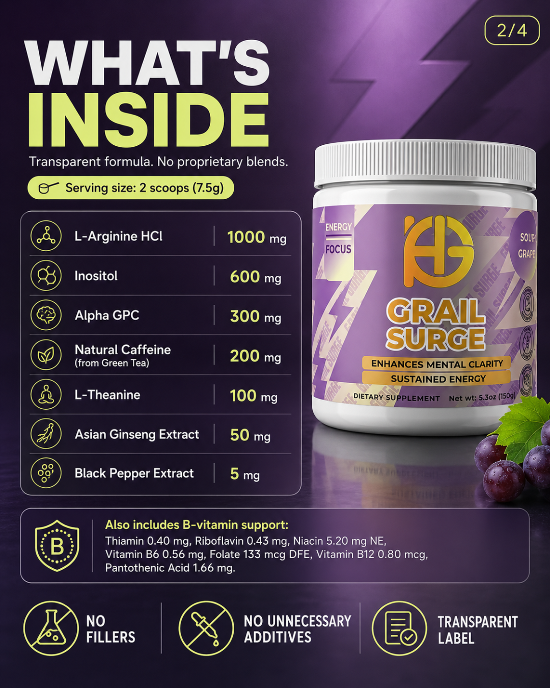 Supplement container labeled 'Grail Surge' with ingredient list on a dark background