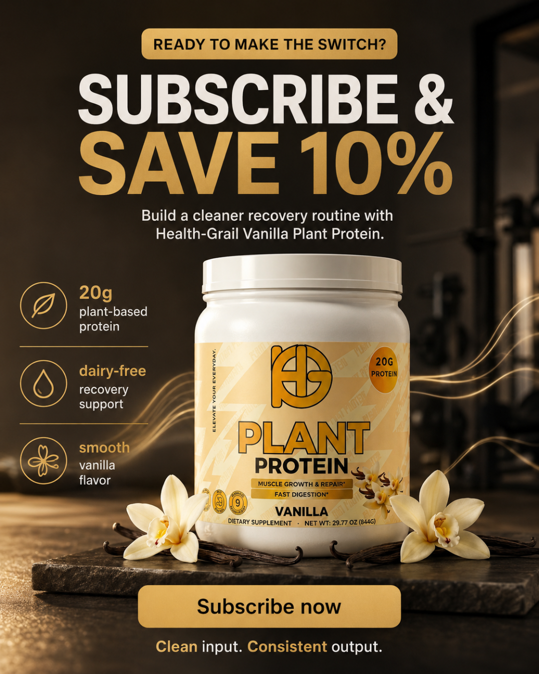 Health-Grail Vanilla Plant Protein supplement with promotional text on a dark background