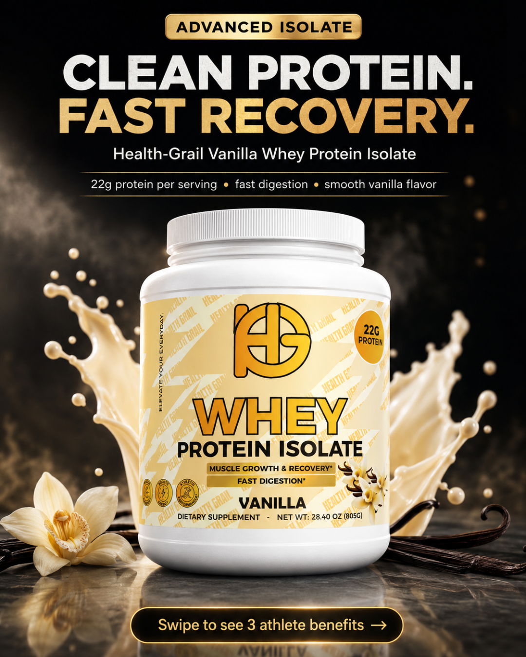 Whey protein isolate container with vanilla flavor on a dark background