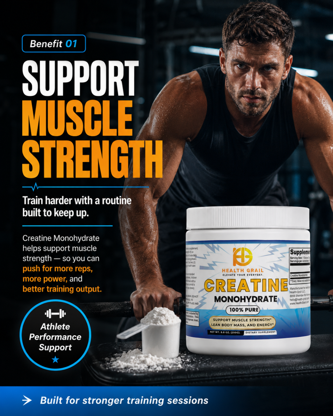 Man lifting weights with Health-Grail  creatine monohydrate supplement container in the foreground, emphasizing muscle strength support.