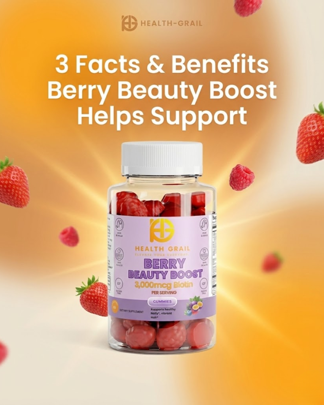 Health-Grain Berry Beauty Boost supplement bottle with berries on a gradient background