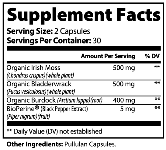Health-Grail Sea Moss Supplement Facts showing Irish moss bladderwrack burdock and BioPerine