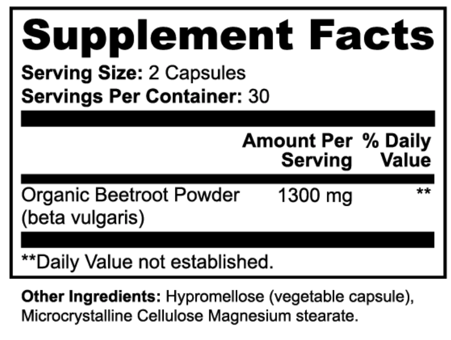 Health-Grail Beetroot Supplement Facts showing 1300 milligrams of organic beetroot powder