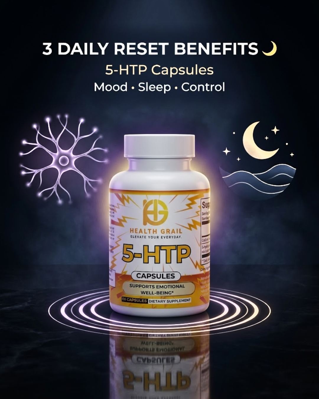 Bottle of Health Grail 5-HTP capsules with night-themed design elements on a dark background.