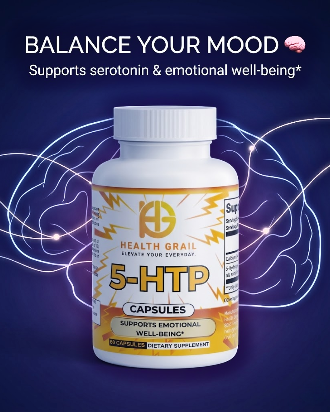 Health Grail 5-HTP supplement bottle on a dark blue background with text about mood balance and serotonin support.