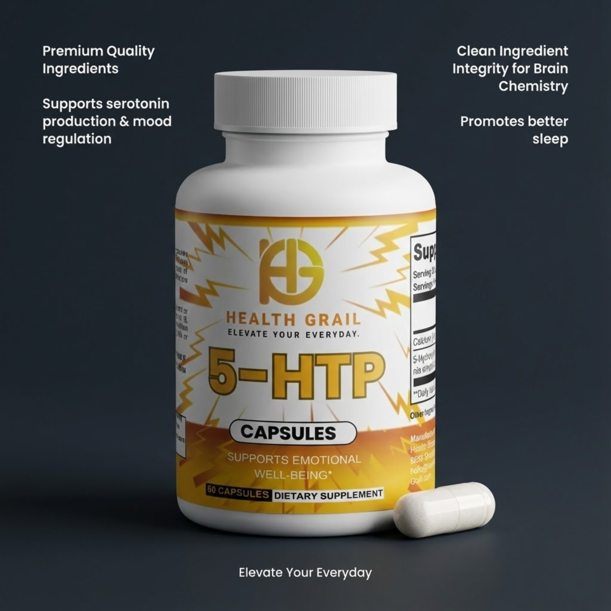 Health Grail 5-HTP supplement bottle with label on a dark background