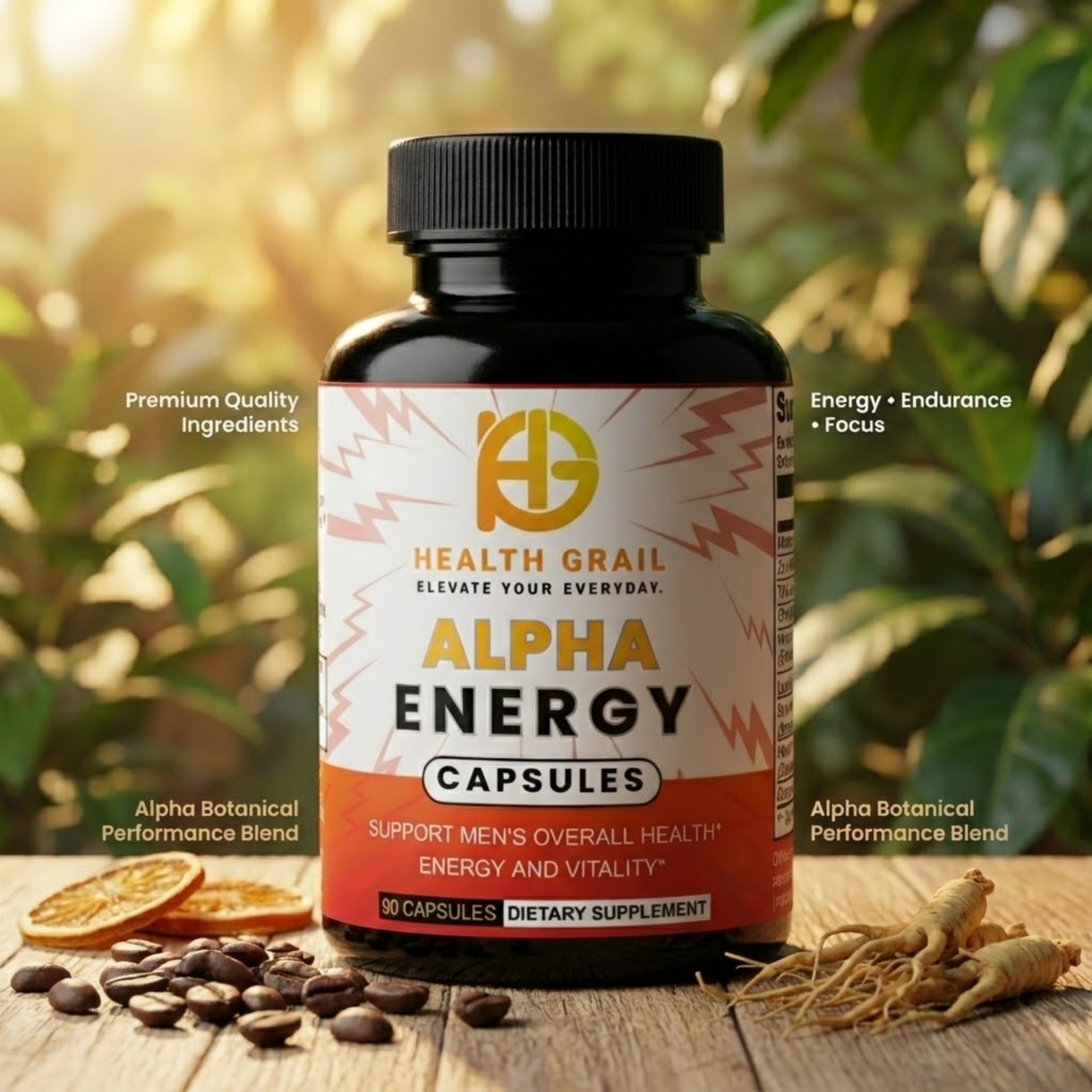 Health Grail Alpha Energy Capsules supplement bottle on a wooden surface with natural elements.