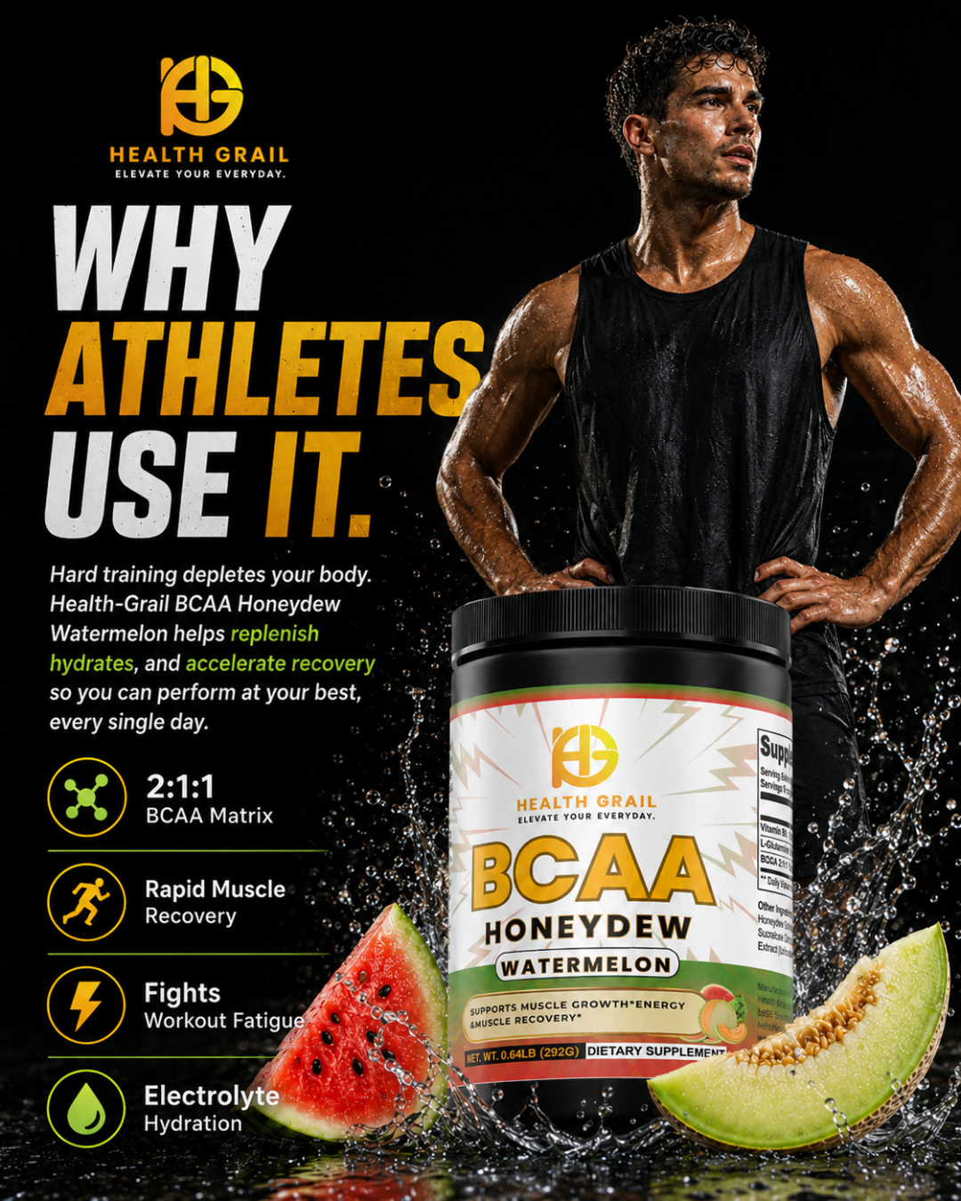 Advertisement for Health Grail BCAA supplement with a muscular man and watermelon graphics.