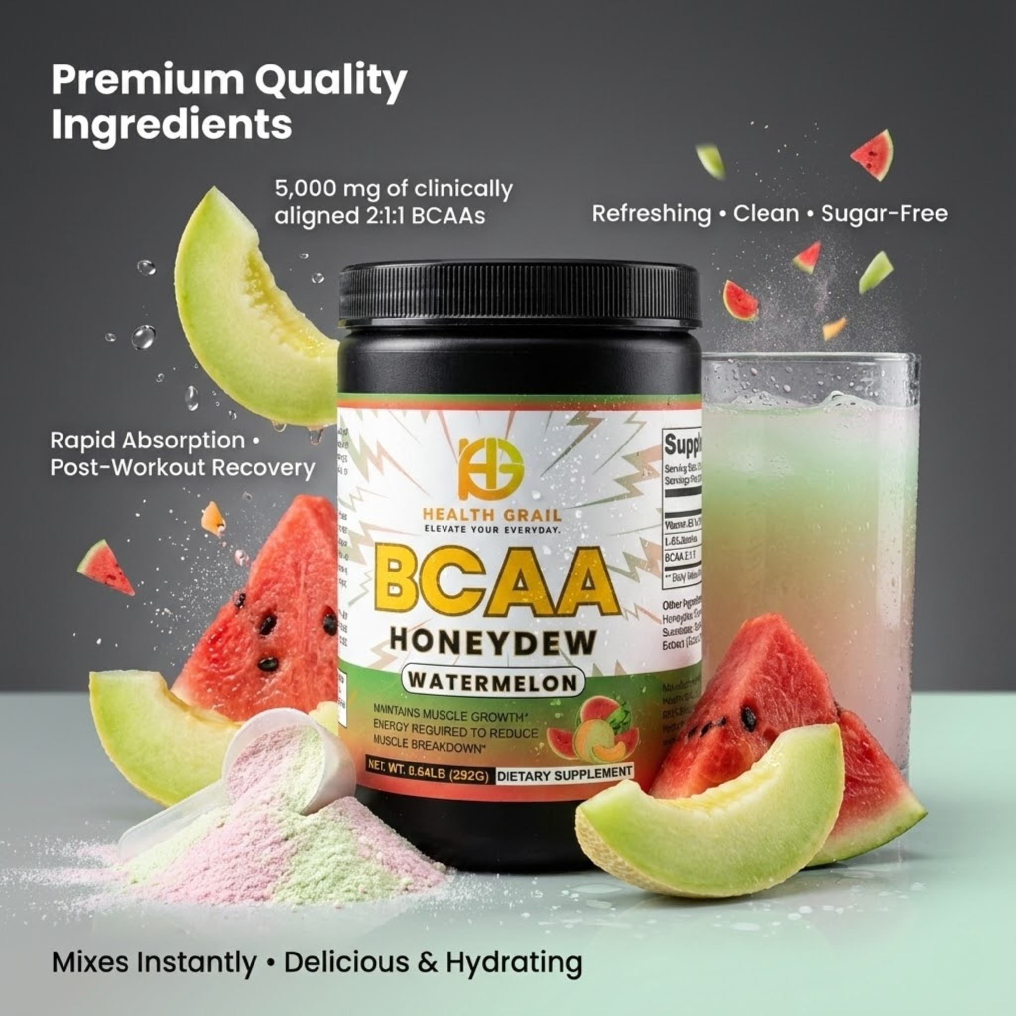 Health Grail BCAA supplement bottle with honeydew watermelon flavor, surrounded by fruit slices and a glass of juice.