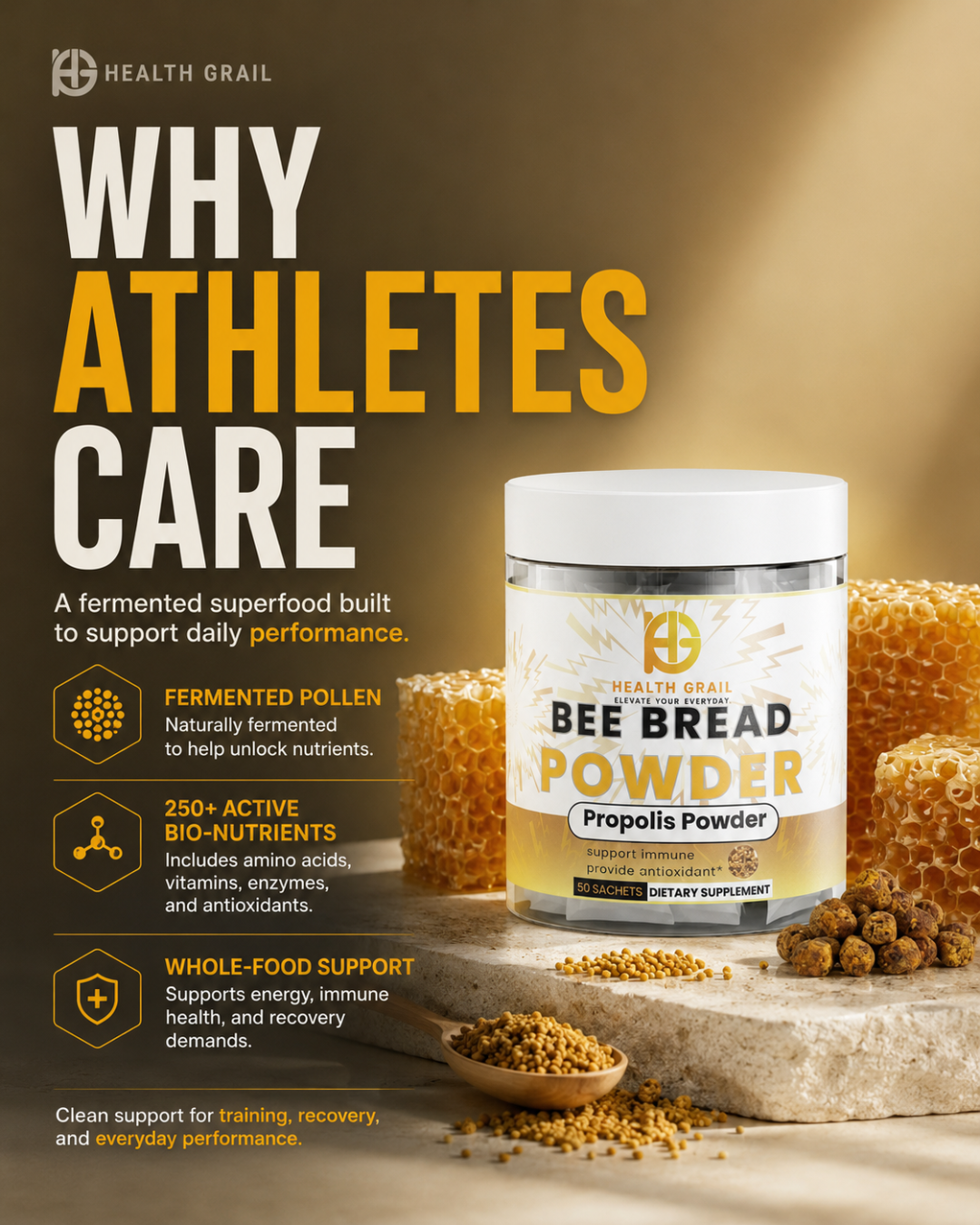Health Grail Bee Bread Powder supplement with honeycomb and honey on a wooden surface, featuring text about its benefits.