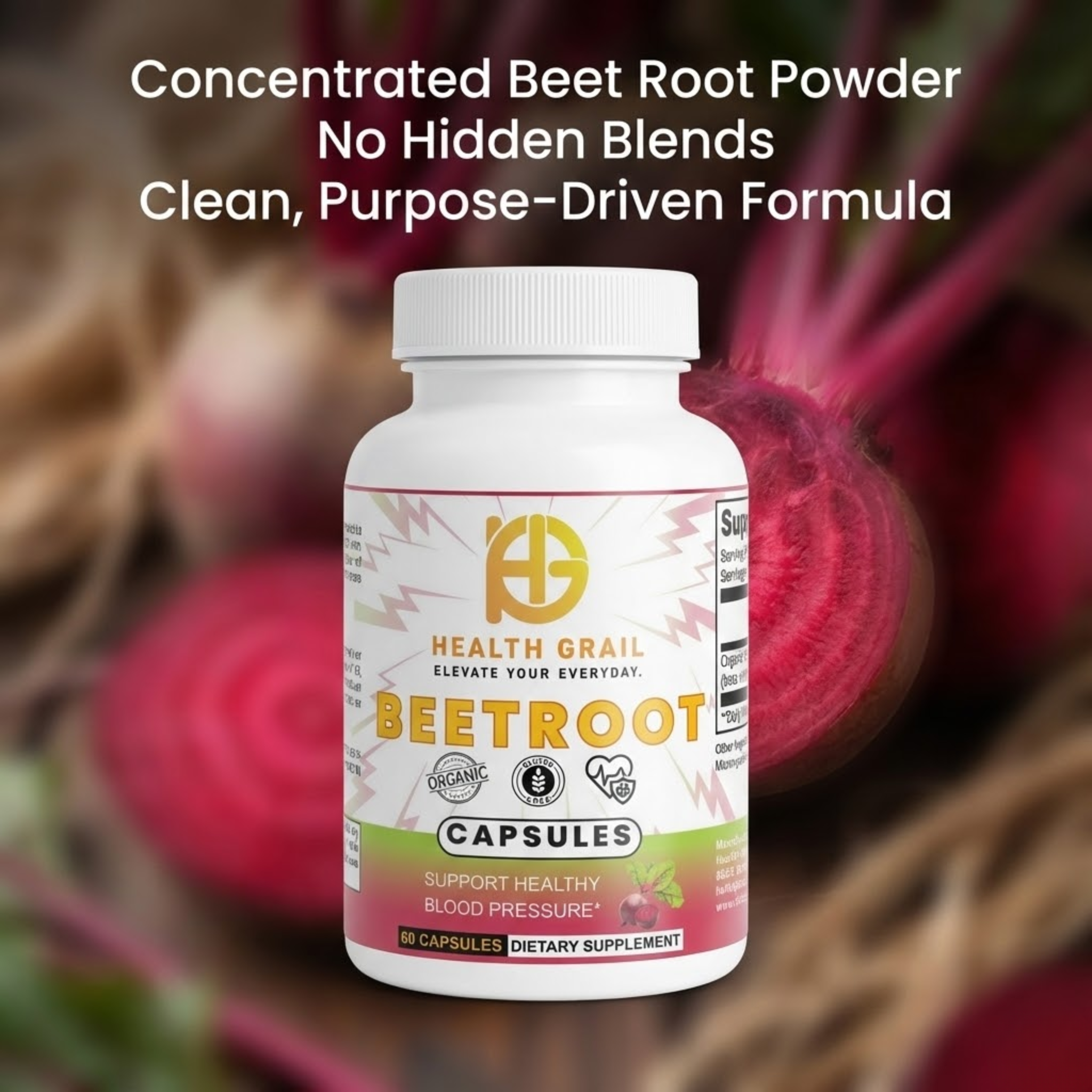 Health Grail Beet Root capsules with beet roots in the background