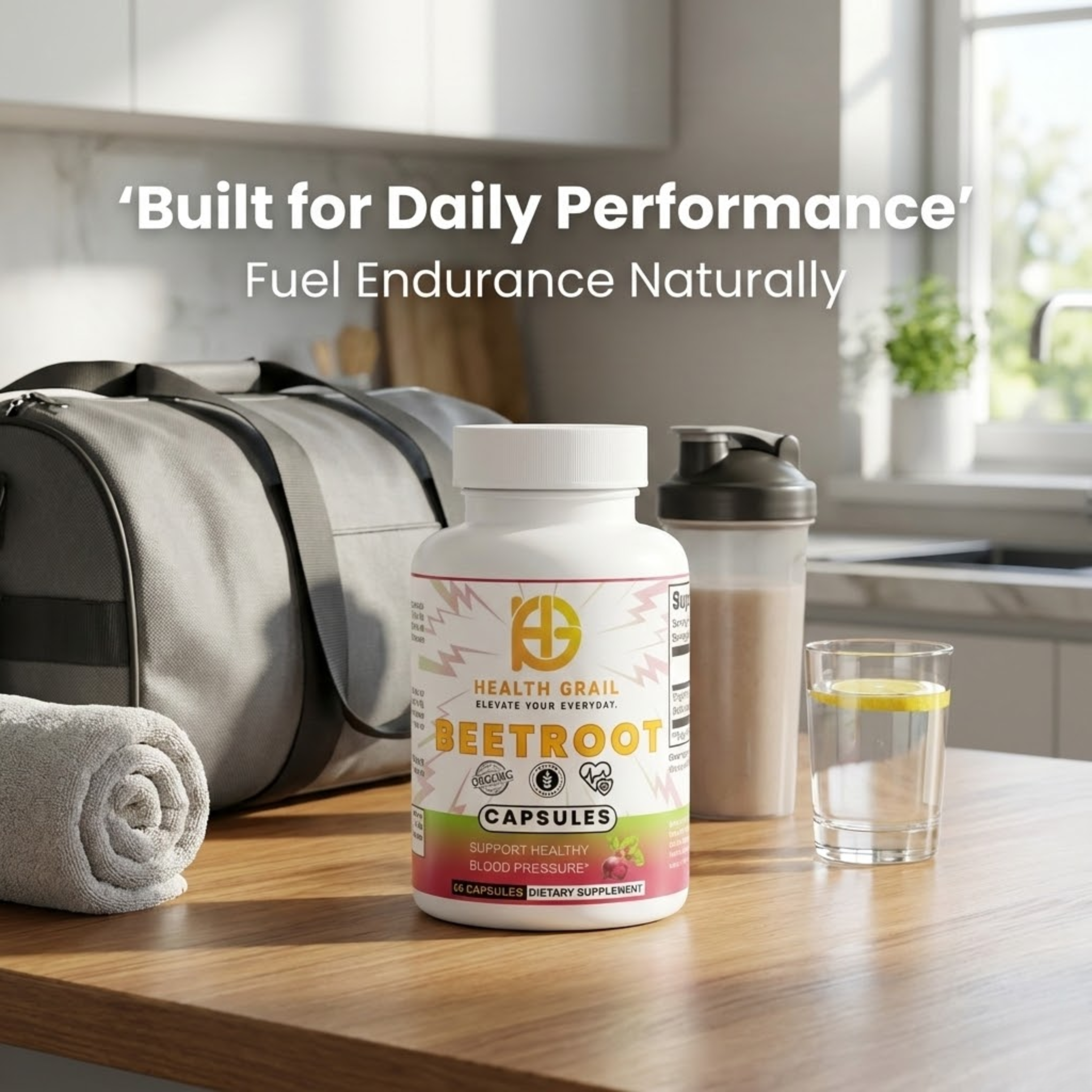 Health Grail Beetroot Capsules on a kitchen counter with a glass of water and shaker bottle.