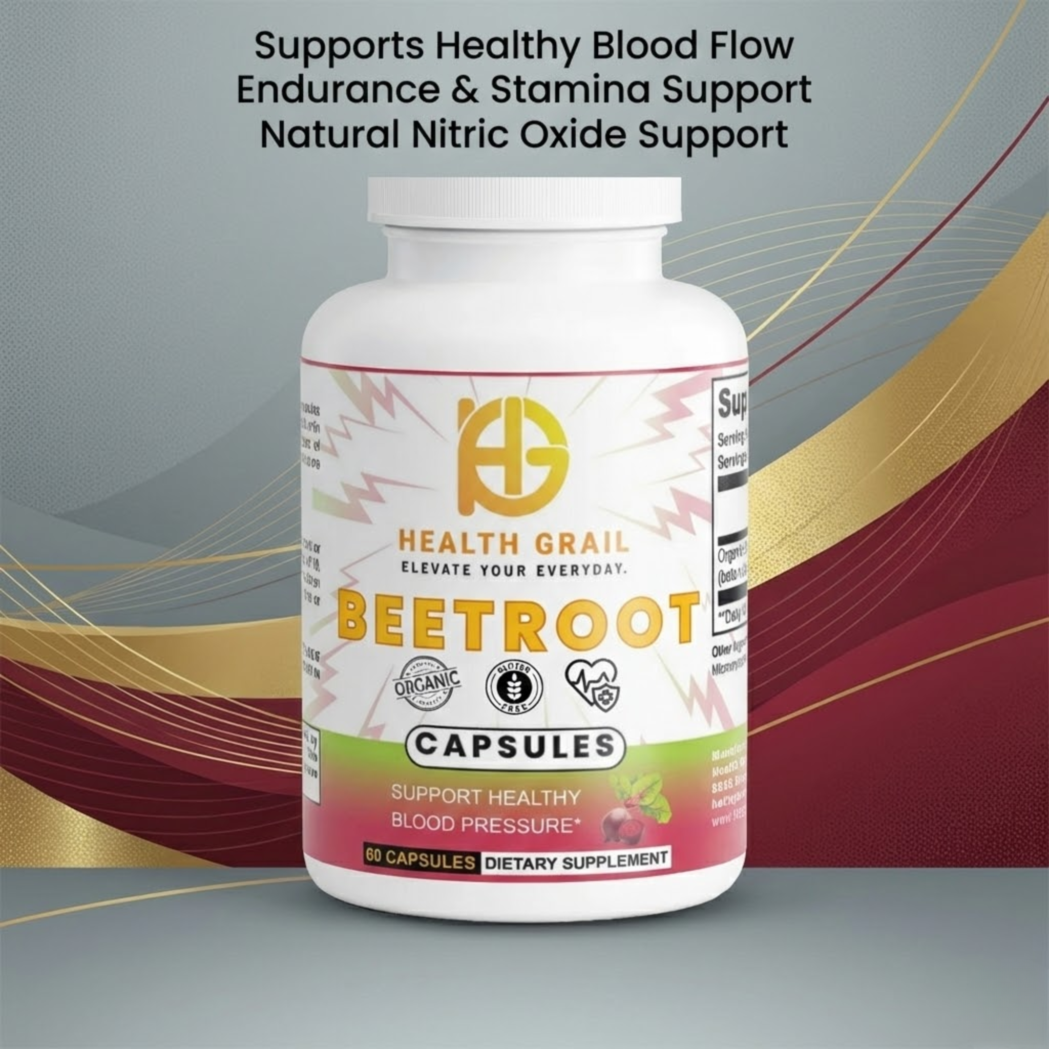 Health Grail Beetroot capsules bottle with text on a colorful background