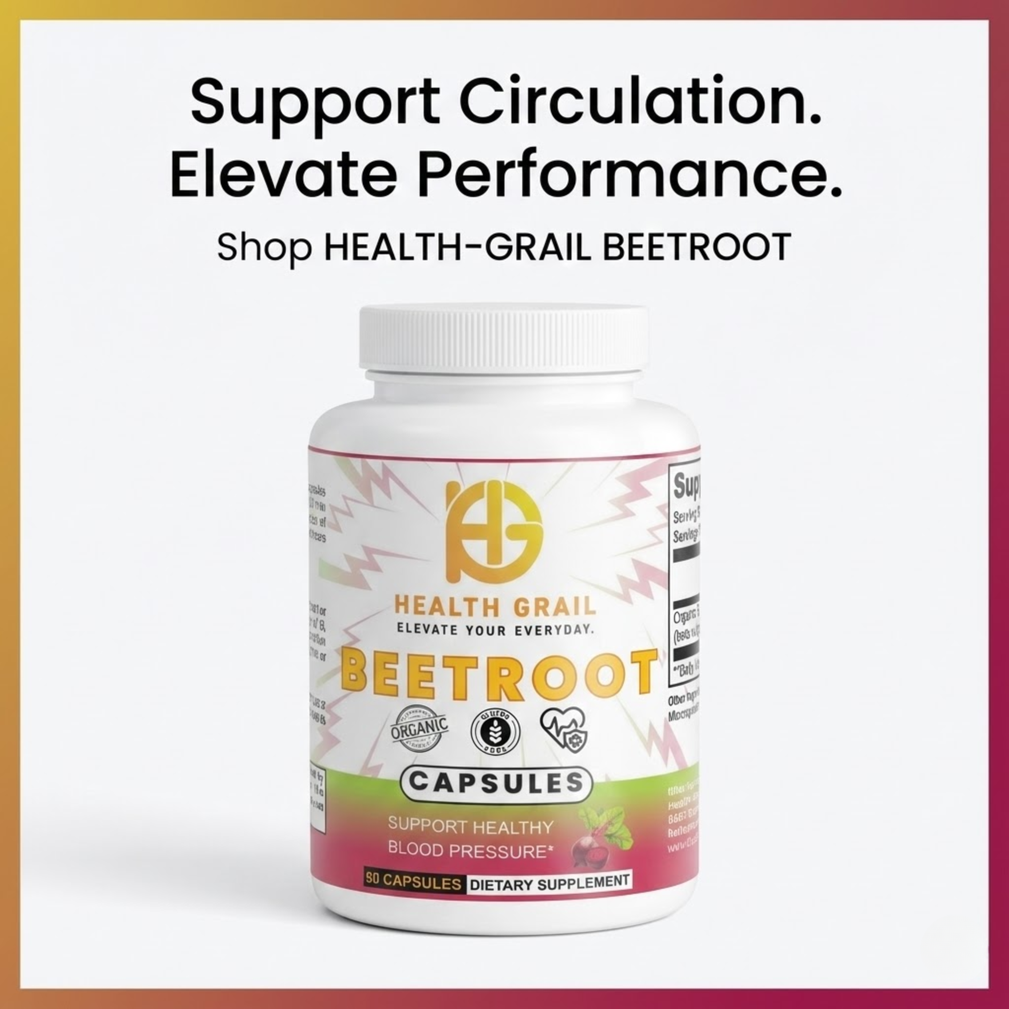 Health Grail Beetroot supplement bottle with promotional text on a white background
