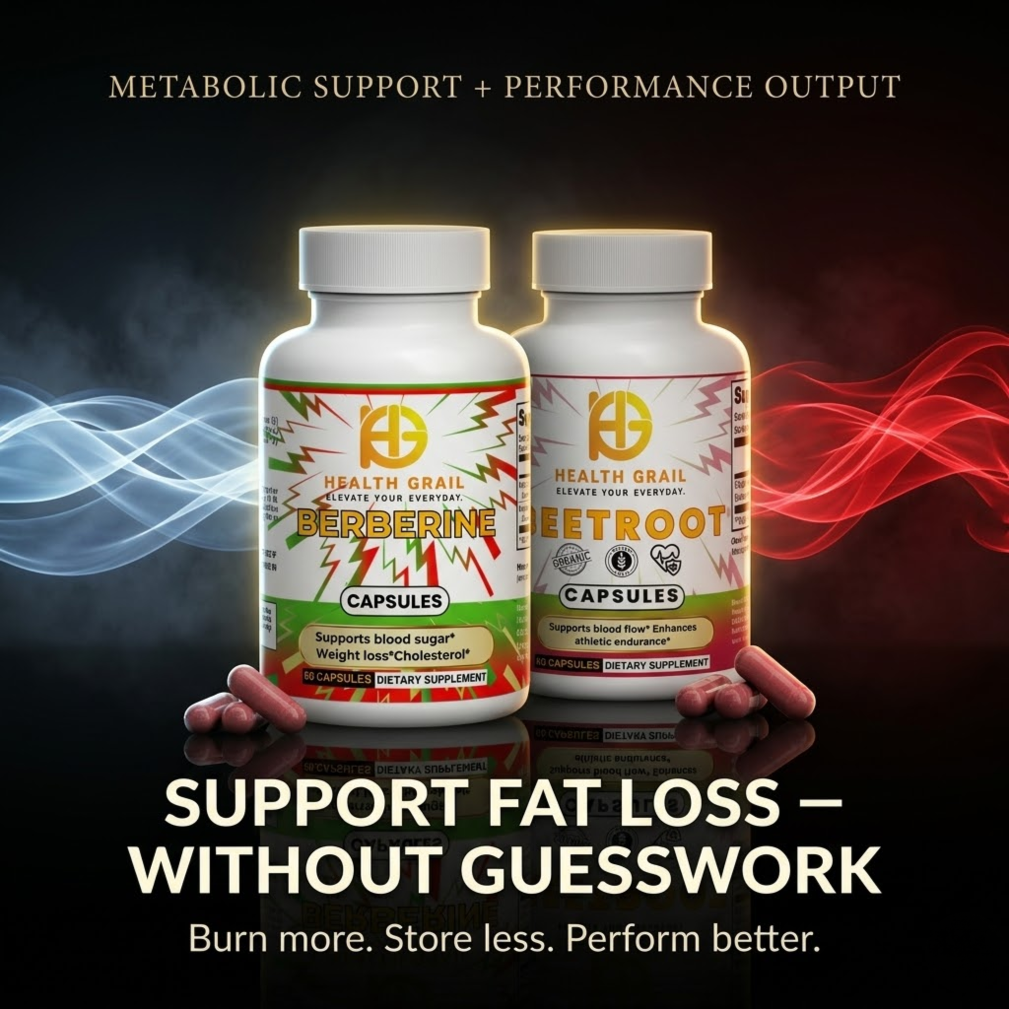 Two bottles of Health Grail Berberine and Beetroot capsules on a dark background with colorful energy wave effects.