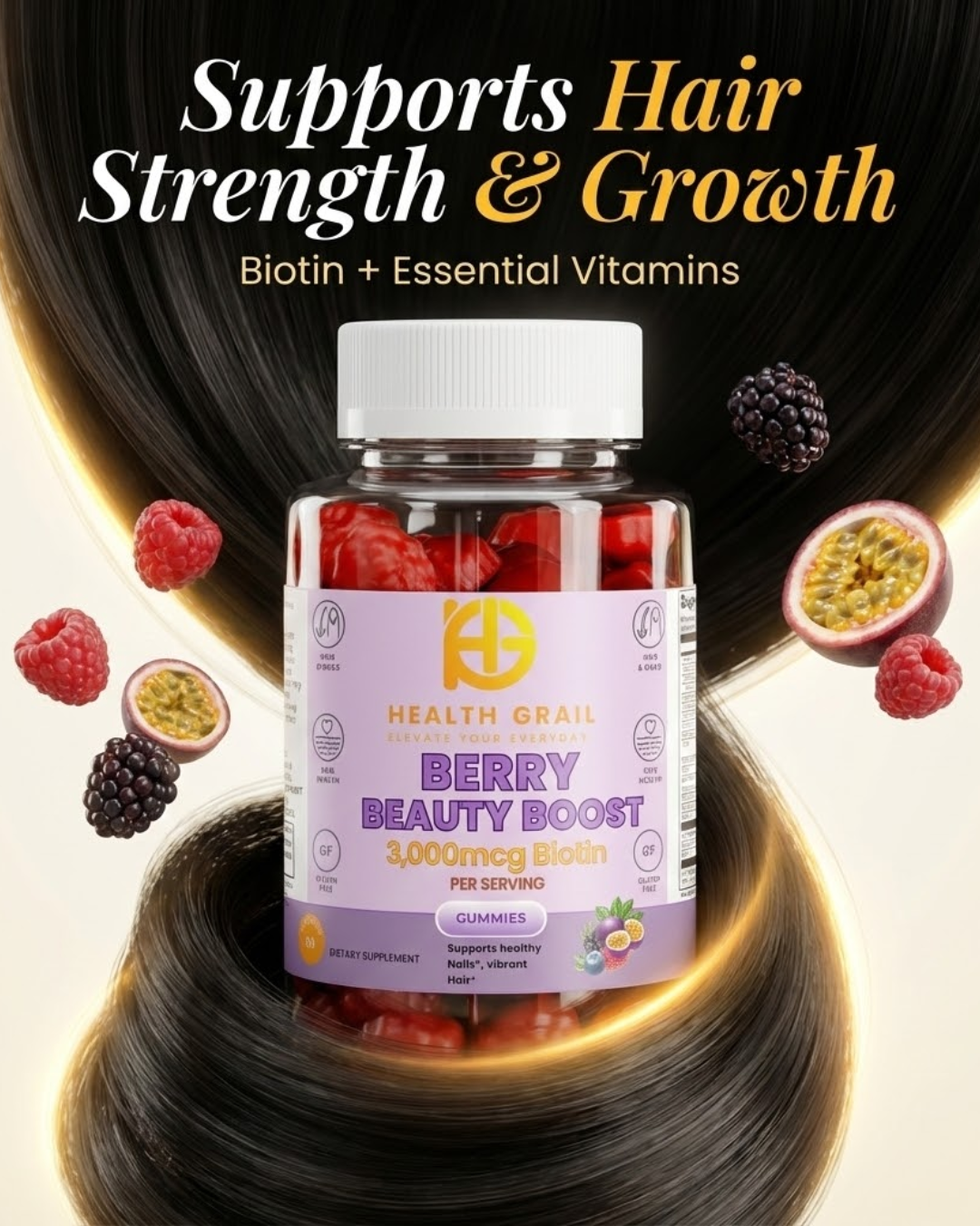 Health Grail Berry Beauty Boost supplement bottle with hair and berries in the background