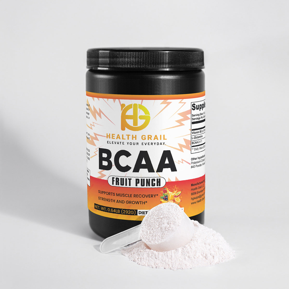 Health Grail BCAA powder container with scoop of powder on a light gray background