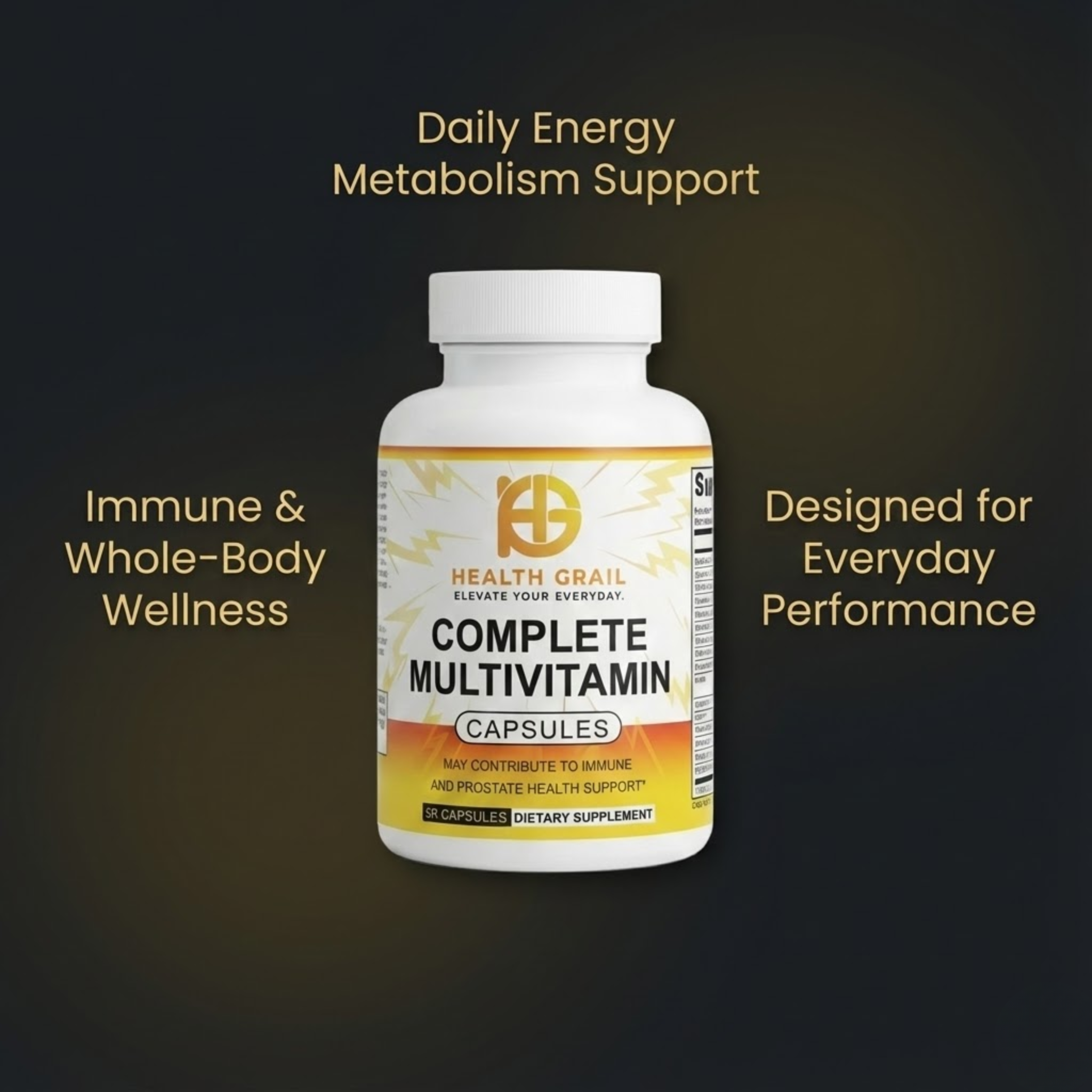 Health Grail Complete Multivitamin bottle on a dark background with text about daily energy, metabolism support, immune system, and whole-body wellness.