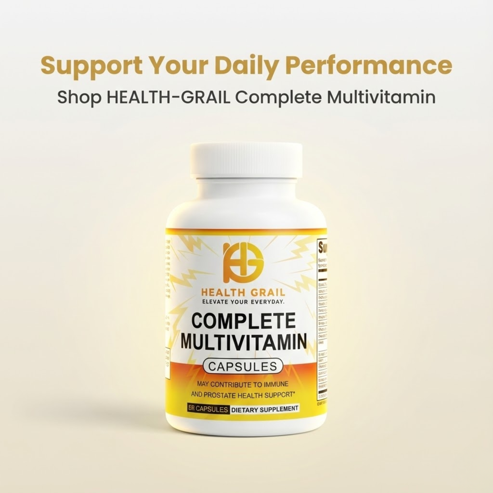 Health Grail Complete Multivitamin bottle on a light beige background with promotional text.