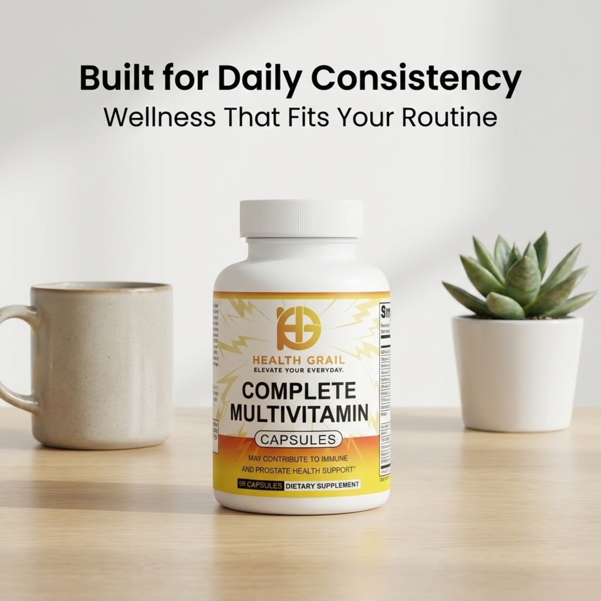Health Grail Complete Multivitamin bottle on a table with a mug and plant, text 'Built for Daily Consistency' above.