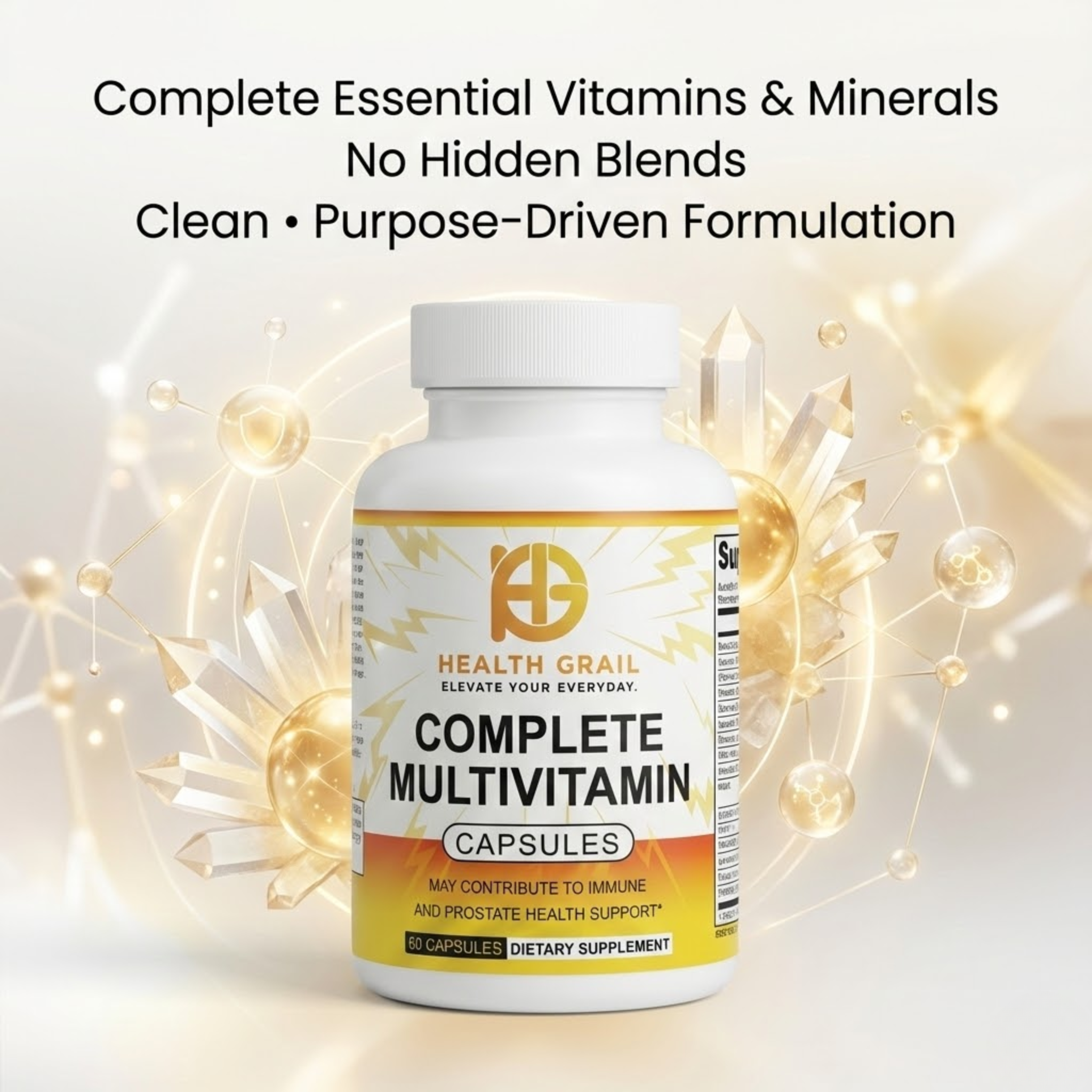 Health Grail Complete Multivitamin bottle with decorative lights on a light background