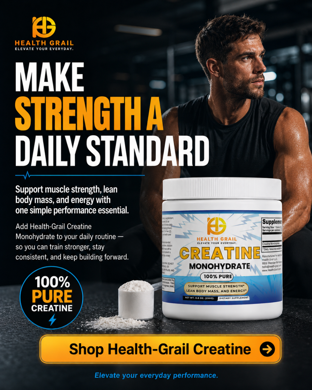 Advertisement for Health Grail Creatine Monohydrate with a man in a gym setting.