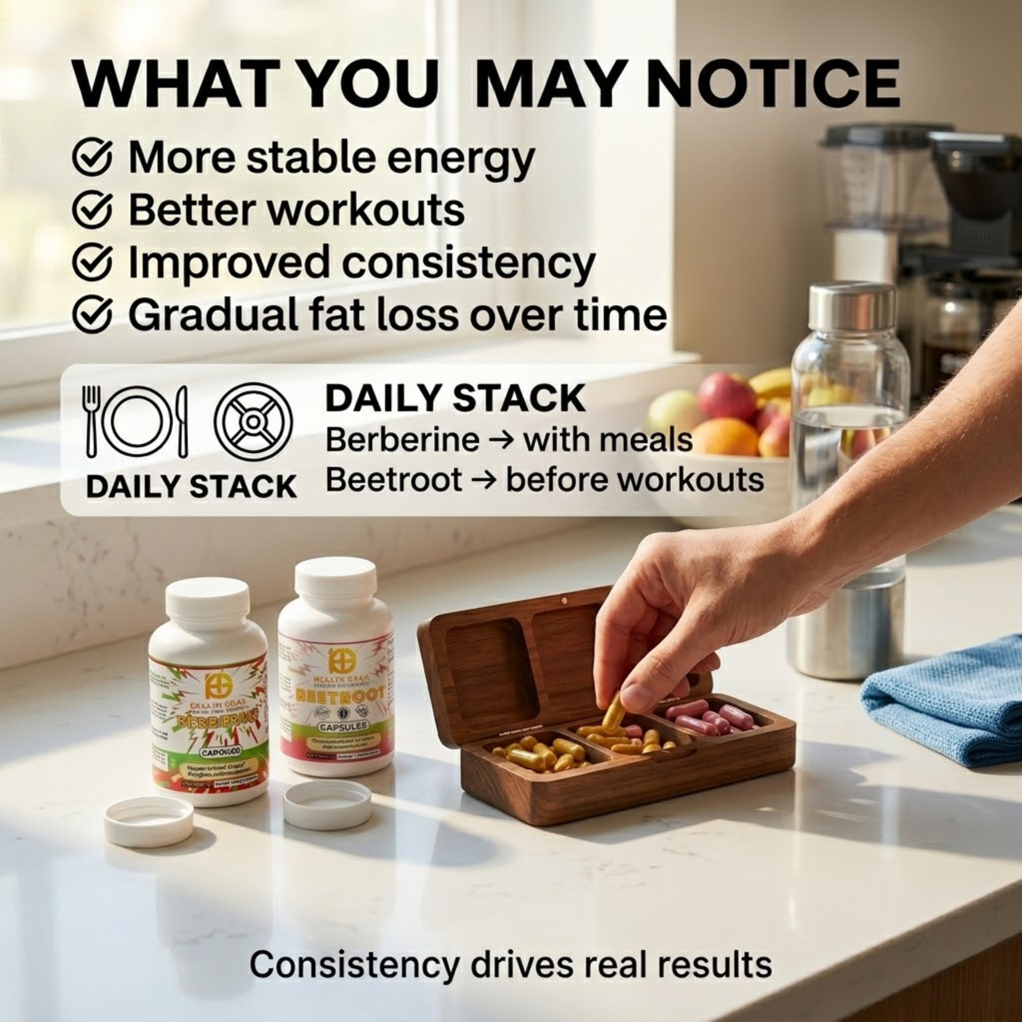 Person preparing supplements on a kitchen counter with text about health benefits and daily stack routine.