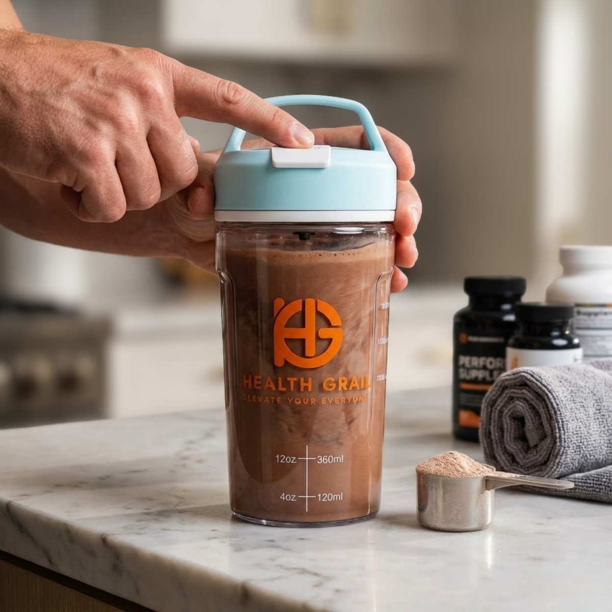 Health-Grail Electric Protein Shaker blending a chocolate protein shake