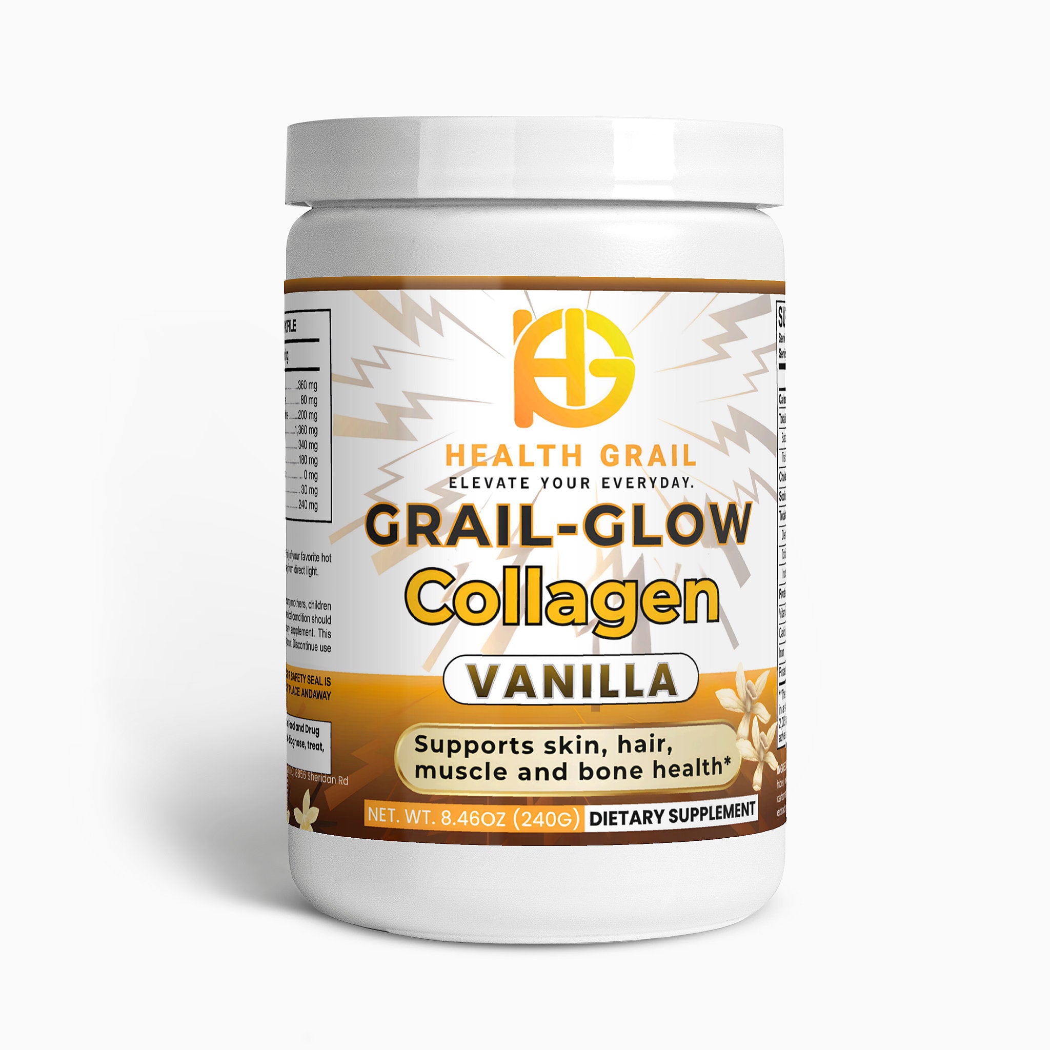 Health Grail Grail-Glow Collagen Vanilla supplement container on a white background