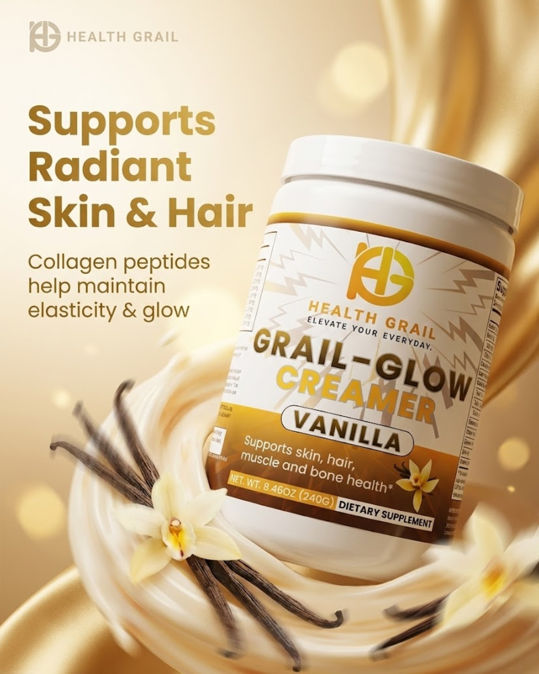 Health Grail Grail-Glow Creamer Vanilla container with vanilla beans on a gold background