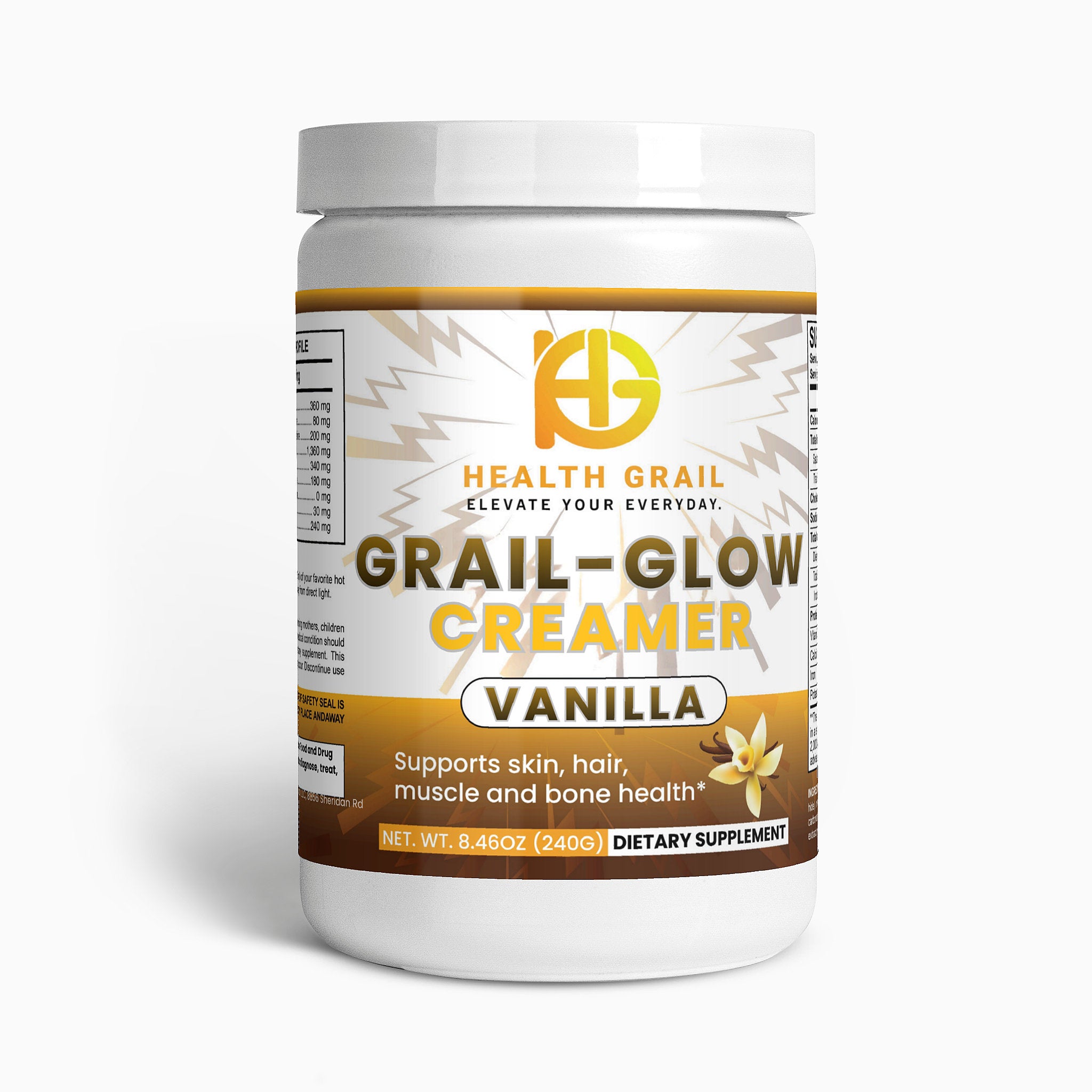 Health Grail Grail-Glow Creamer Vanilla supplement container on a white background